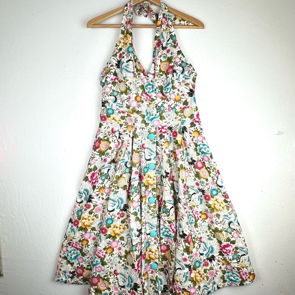 Unique Vintage Halter Button Down Floral Crane Print Midi‎ Dress